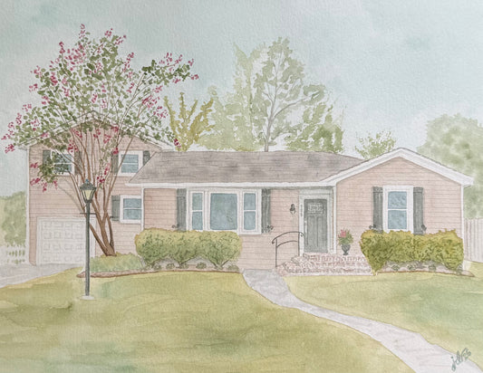Commissioned watercolor house portrait of 132 Drolla Park in River Ridge Louisiana by Jenelle Duplantier