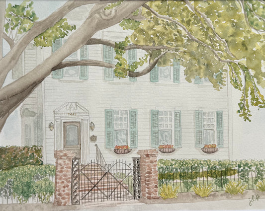 Commissioned watercolor house portrait of 7463 Dominican Street in New Orleans Louisiana by Jenelle Duplantier
